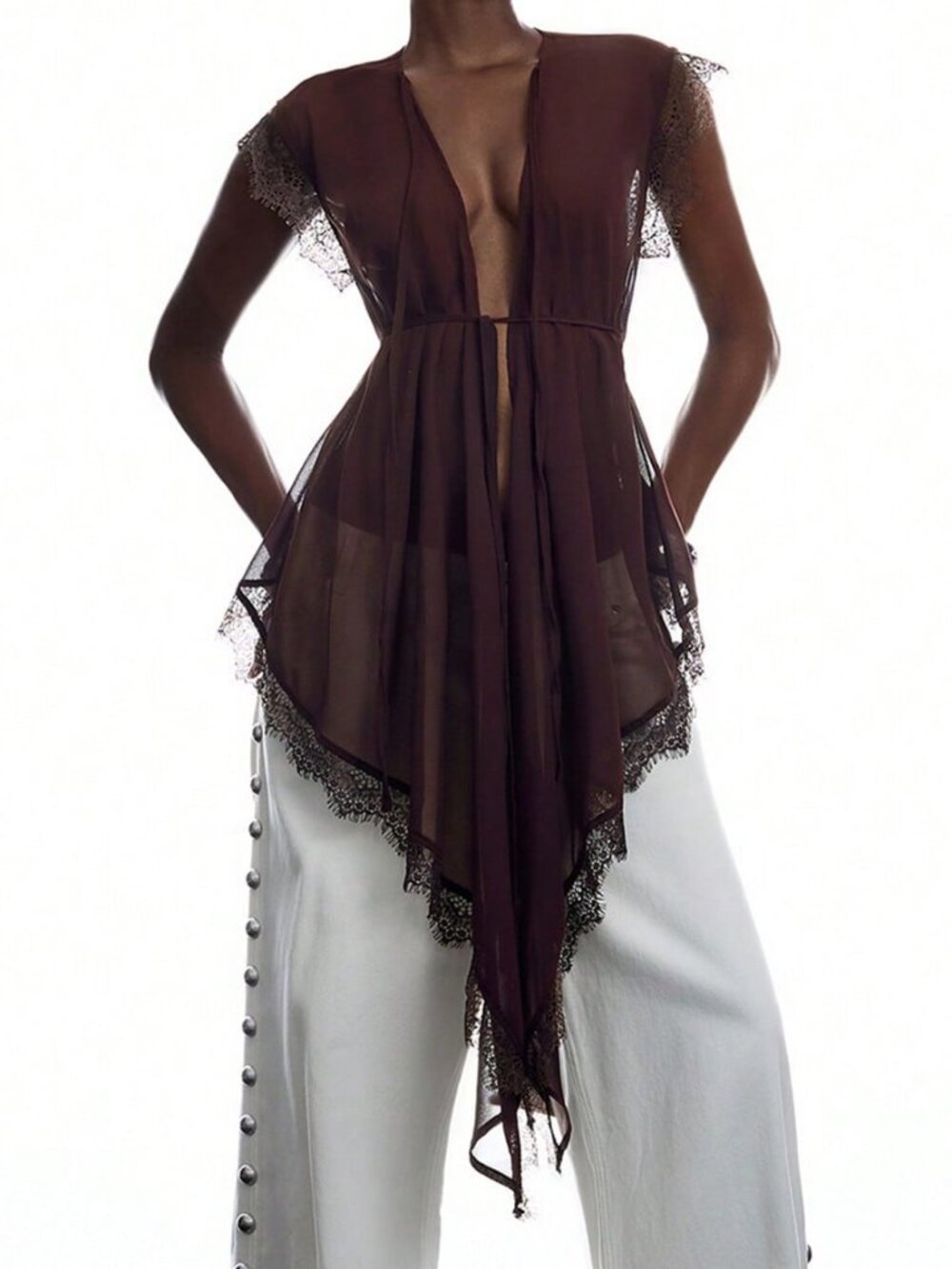 Brown Sexy Women's Minimalism Lace Tie Detail Asymmetrical Sheer Blouse - Picture 5 of 7